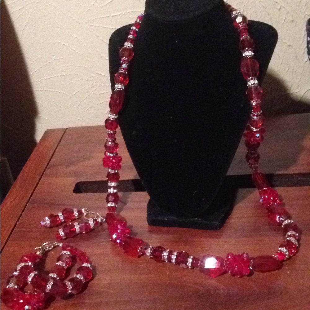 Red crystal cut necklace with earrings bracelet